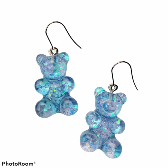 New Blue Confetti Teddy Bear Sparkle Candy Gum Drop Gummy Bear Earrings - Picture 1 of 6